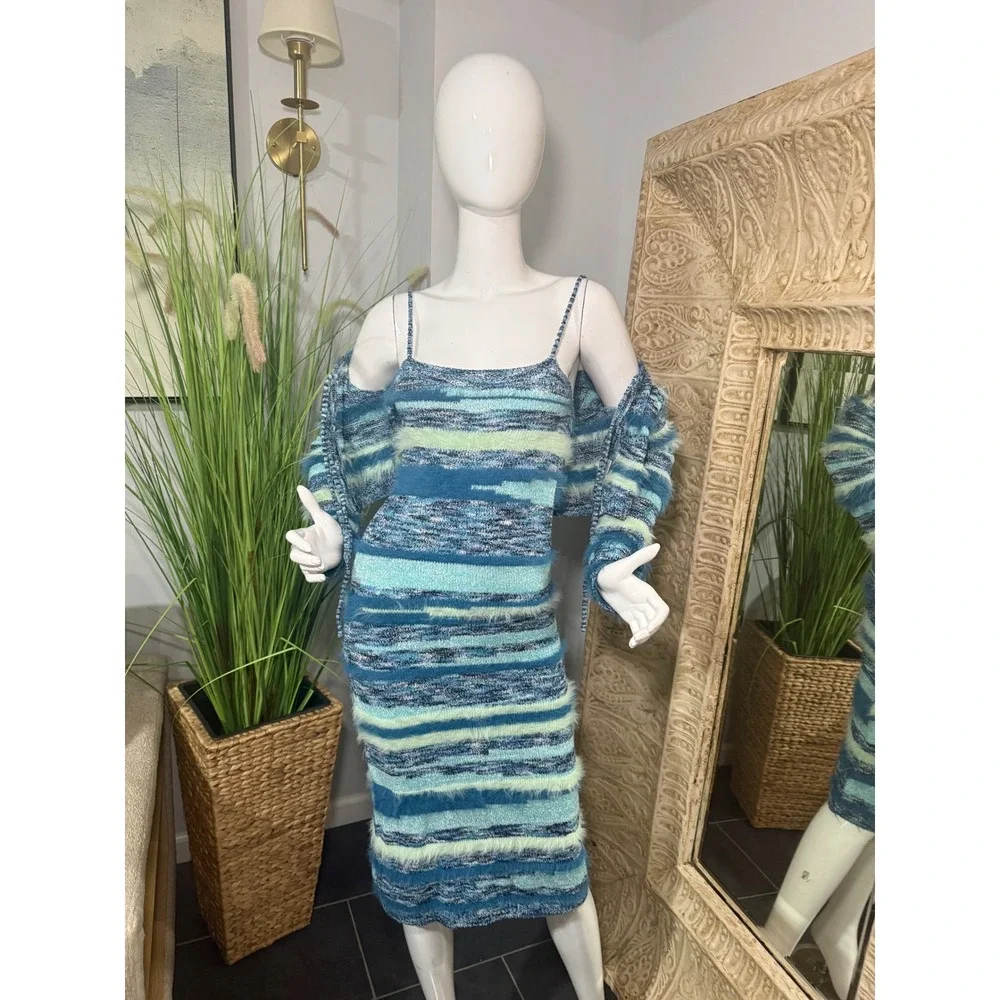 MICAS Blue Feather Detail Striped Knit Midi Dress & Cardigan 2 Piece Set Size L